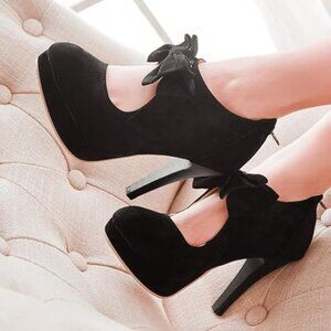 NEW Amazon Black Faux Suede Platform Heeled Bow Knot Mary Janes Size 9